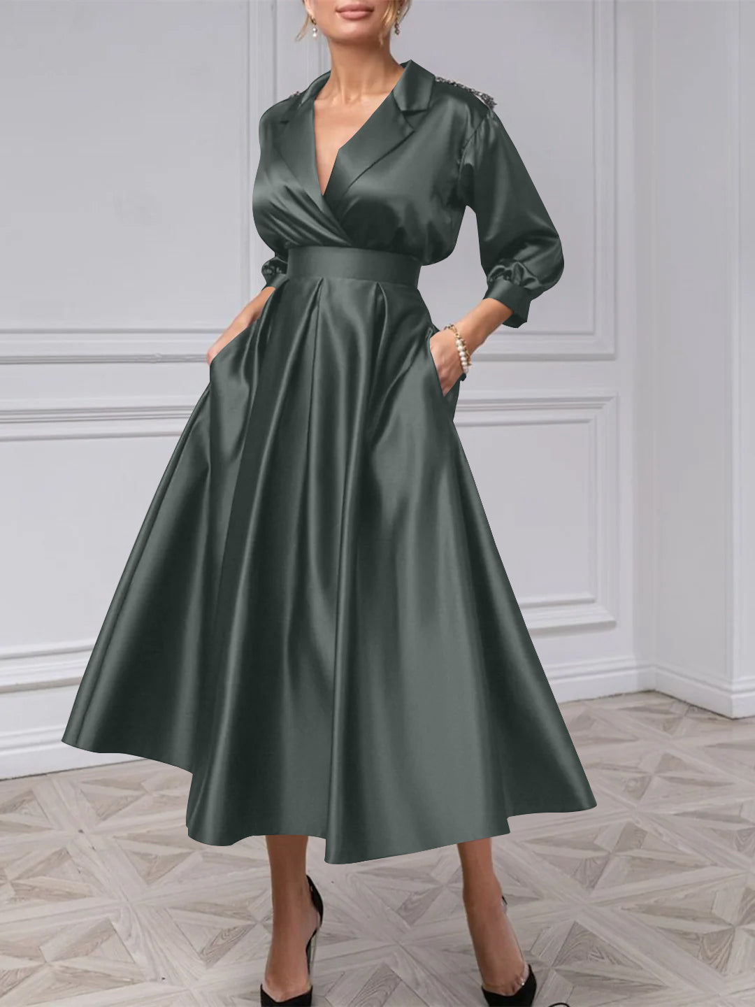 A-Line/Princess V-Neck 3/4 Sleeves Mother Of The Bride Dresses With Beading Charcoal Gray A-Line/Princess V-Neck 3/4 Sleeves Mother Of The Bride Dresses With Beading Charcoal Gray