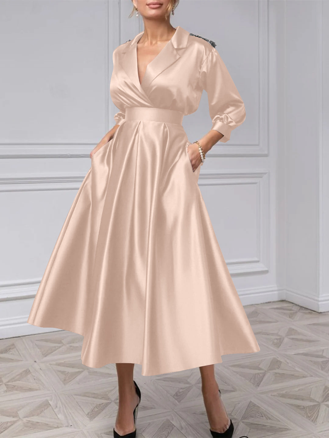 A-Line/Princess V-Neck 3/4 Sleeves Mother Of The Bride Dresses With Beading