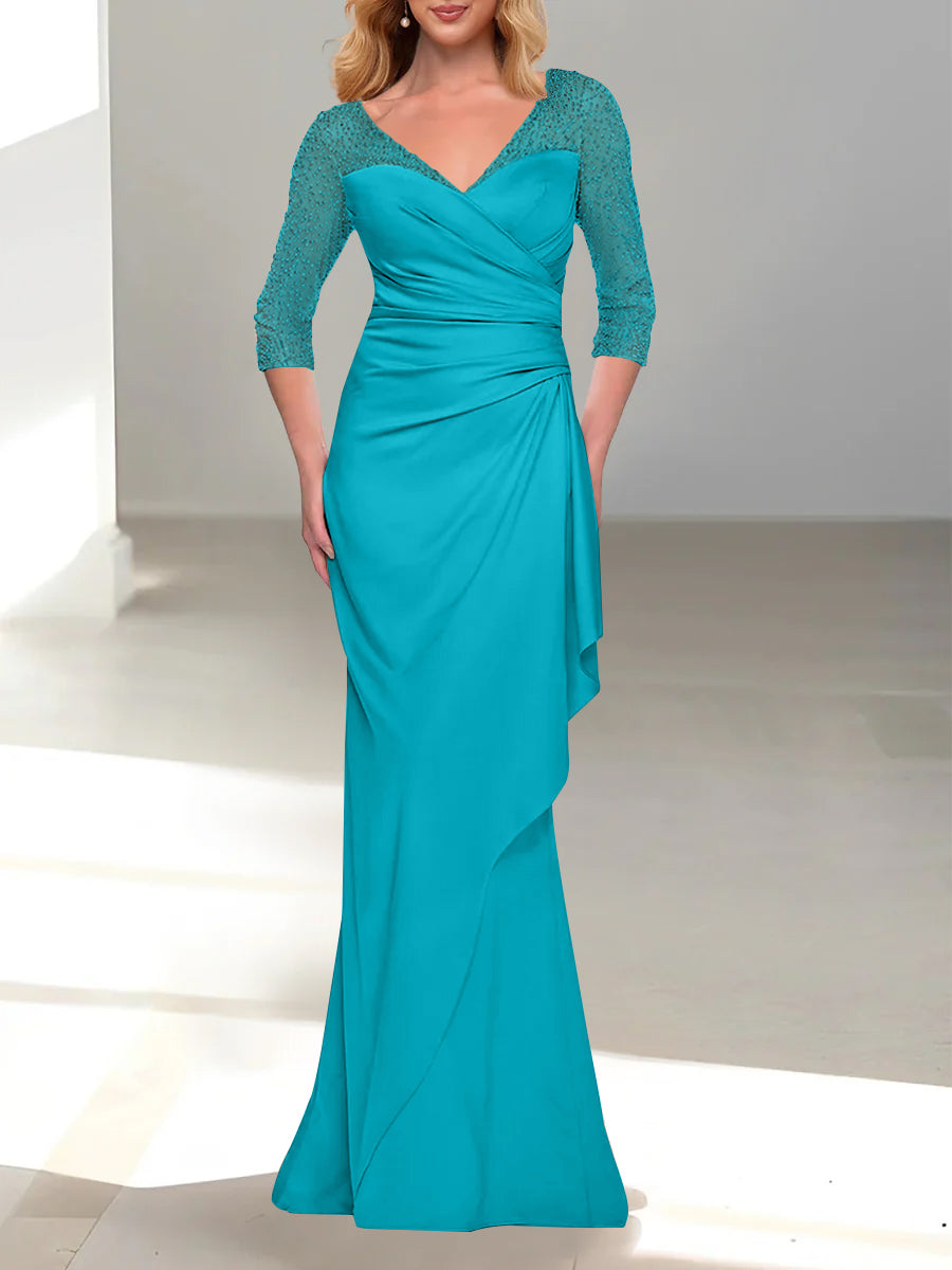 Trumpet/Mermaid V-Neck 3/4 Sleeves Mother Of The Bride Dresses with Beading