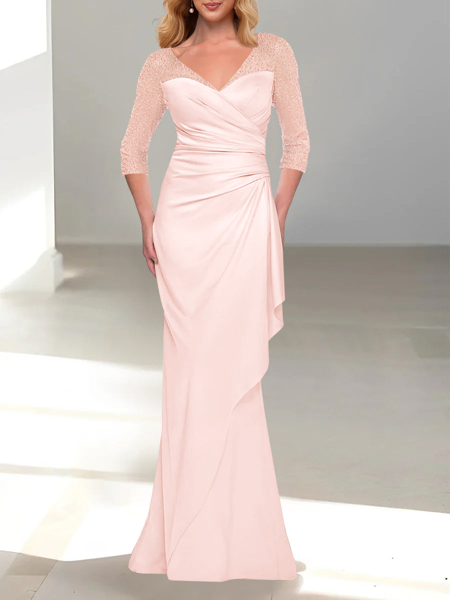 Mother of The Bride Dresses 2026 Women's Sheath V-Neck 3/4 Sleeves Floor-Length Wedding Guest Party Formal Evening Gowns with Beading, As Pic Mother of The Bride Dresses 2026 Women's Sheath V-Neck 3/4 Sleeves Floor-Length Wedding Guest Party Formal Evening Gowns with Beading, As Pic