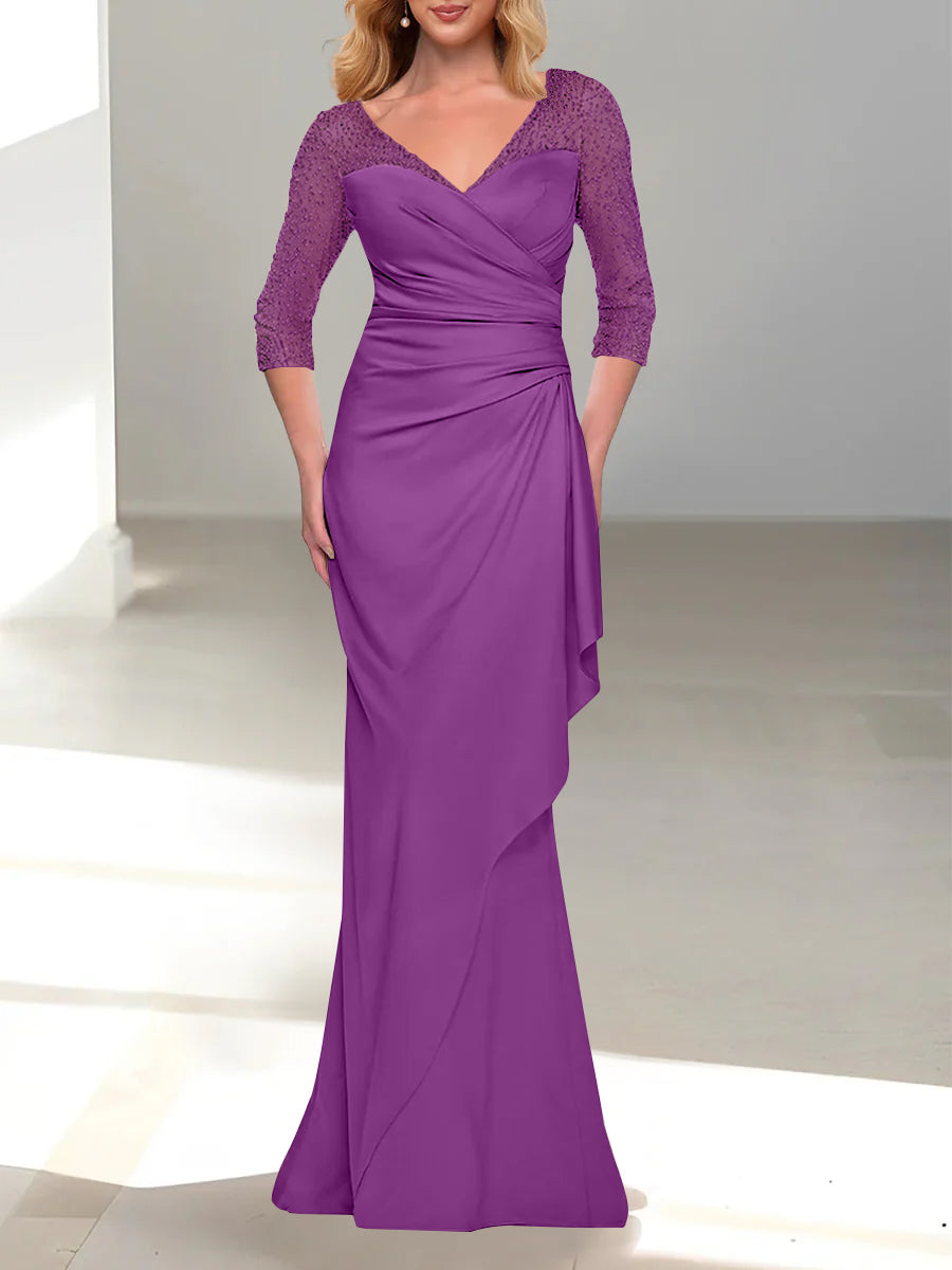 Trumpet/Mermaid V-Neck 3/4 Sleeves Mother Of The Bride Dresses with Beading