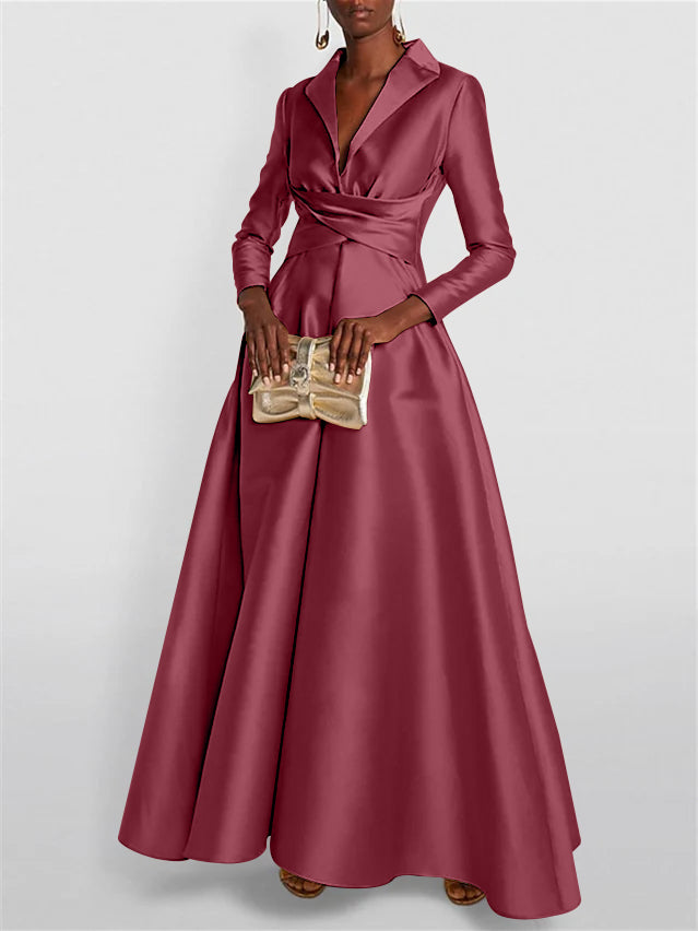 A-Line/Princess Long Sleeves V-Neck Floor-length Evening Dresses