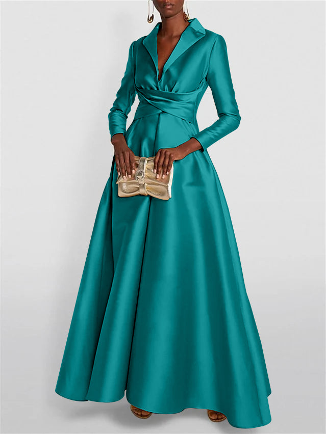 A-Line/Princess Long Sleeves V-Neck Floor-length Evening Dresses