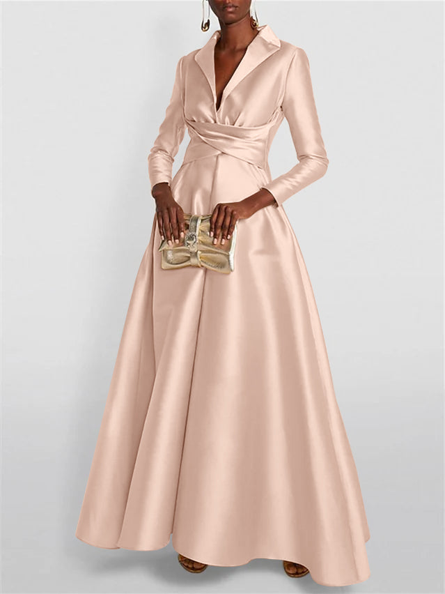 A-Line/Princess Long Sleeves V-Neck Floor-length Evening Dresses