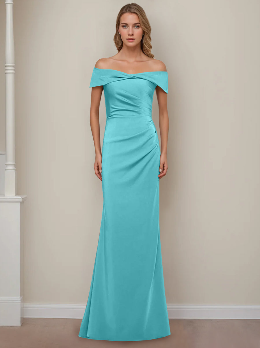Sheath/Column Off-the-Shoulder Short Sleeves Floor-Length Mother of The Bride Dresses With Ruffles