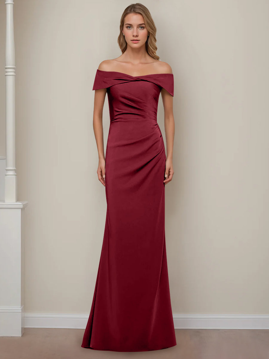 Sheath/Column Off-the-Shoulder Short Sleeves Floor-Length Mother of The Bride Dresses With Ruffles