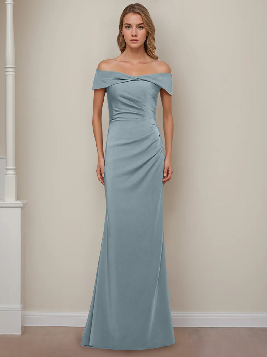 Sheath/Column Off-the-Shoulder Short Sleeves Floor-Length Mother of The Bride Dresses With Ruffles