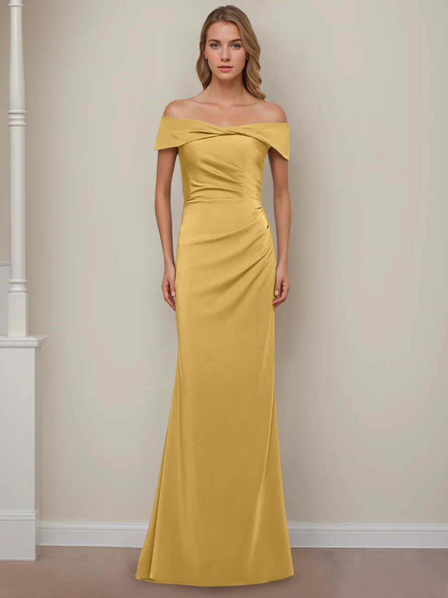 Sheath/Column Off-the-Shoulder Short Sleeves Floor-Length Mother of The Bride Dresses With Ruffles