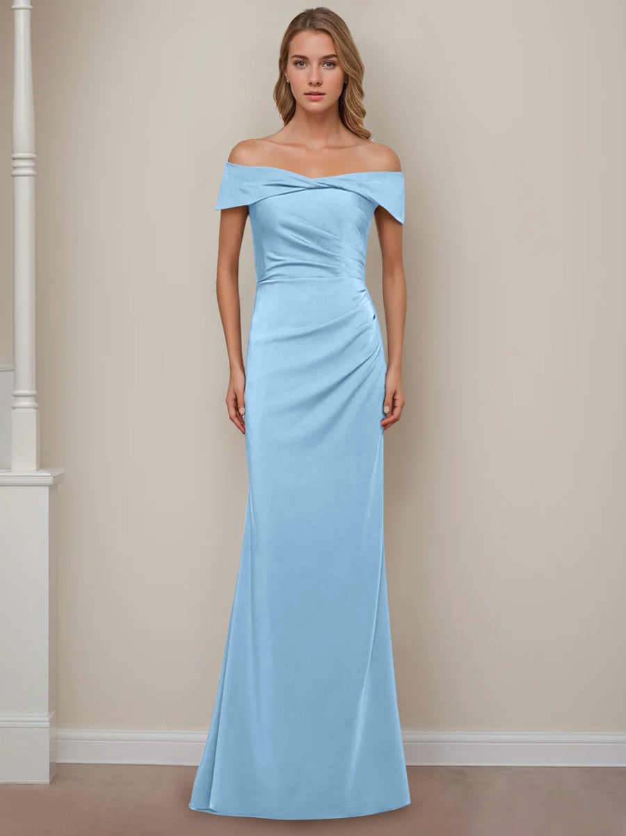 Sheath/Column Off-the-Shoulder Short Sleeves Floor-Length Mother of The Bride Dresses With Ruffles