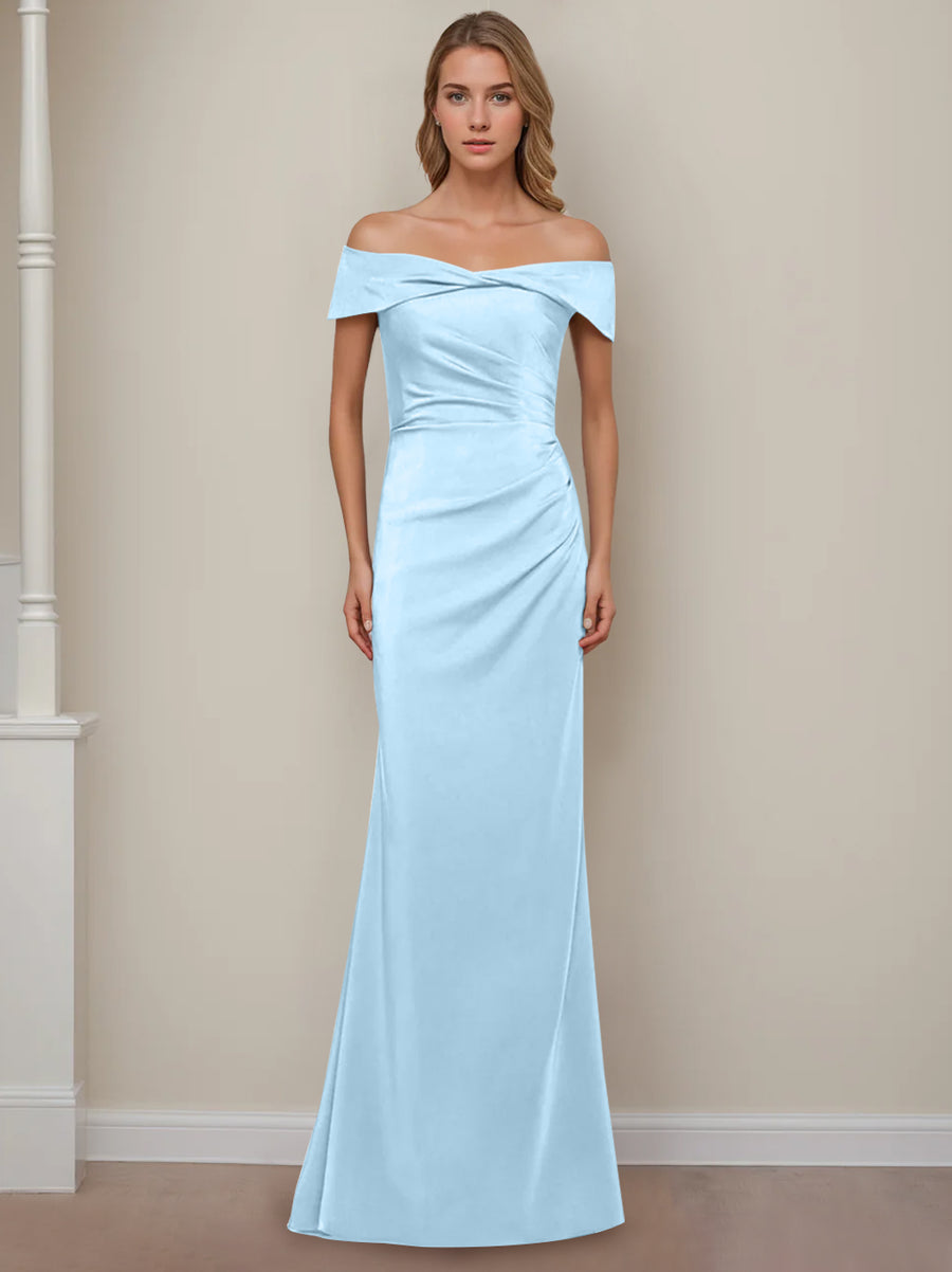 Sheath/Column Off-the-Shoulder Short Sleeves Floor-Length Mother of The Bride Dresses With Ruffles