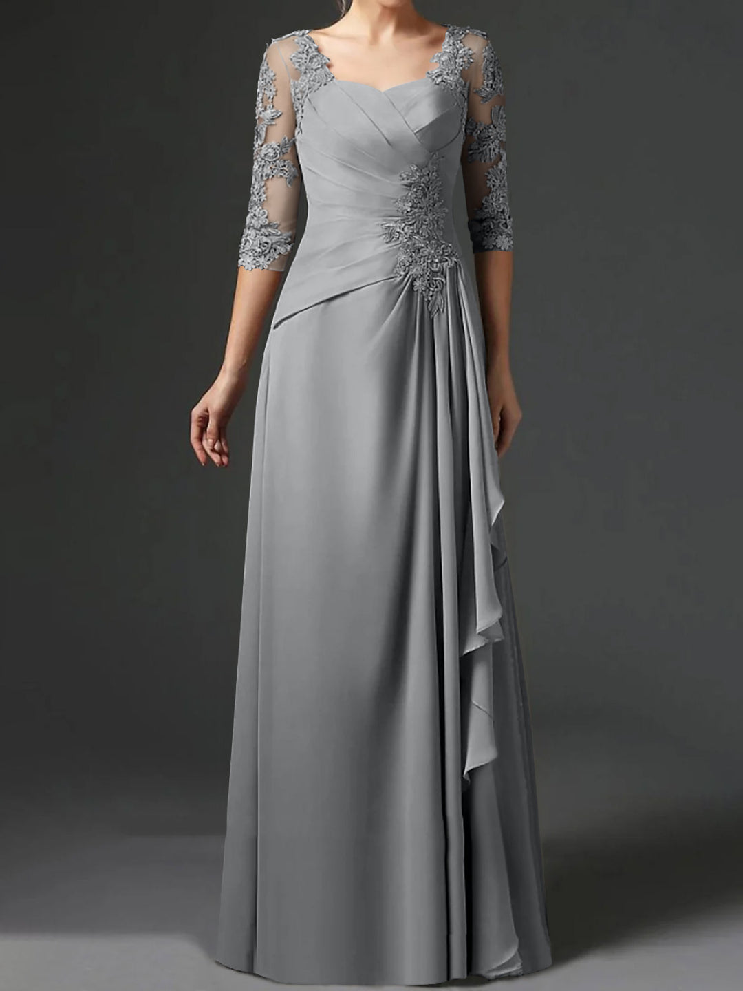 A-Line/Princess Square Neck Half Sleeves Floor-Length Mother of the Bride Dresses With Ruching