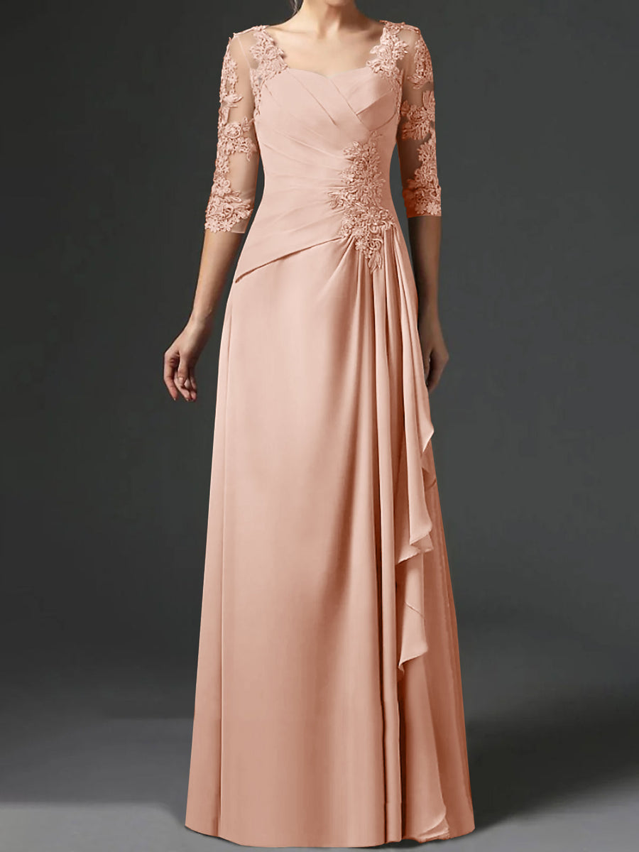 A-Line/Princess Square Neck Half Sleeves Floor-Length Mother of the Bride Dresses With Ruching