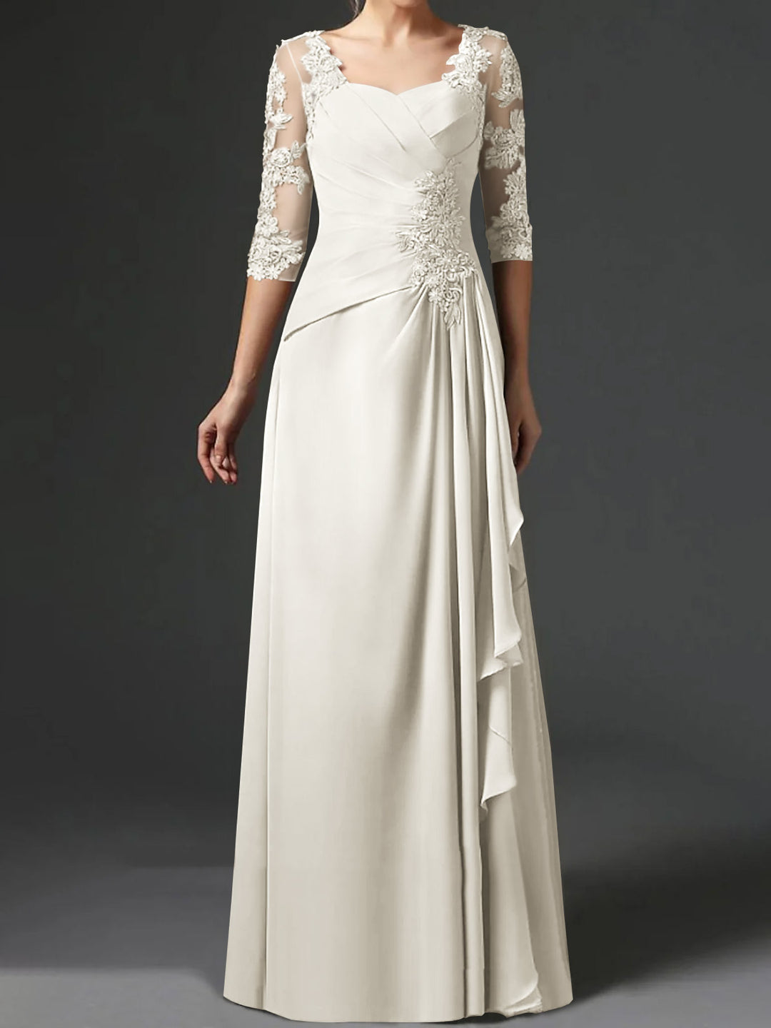 A-Line/Princess Square Neck Half Sleeves Floor-Length Mother of the Bride Dresses With Ruching