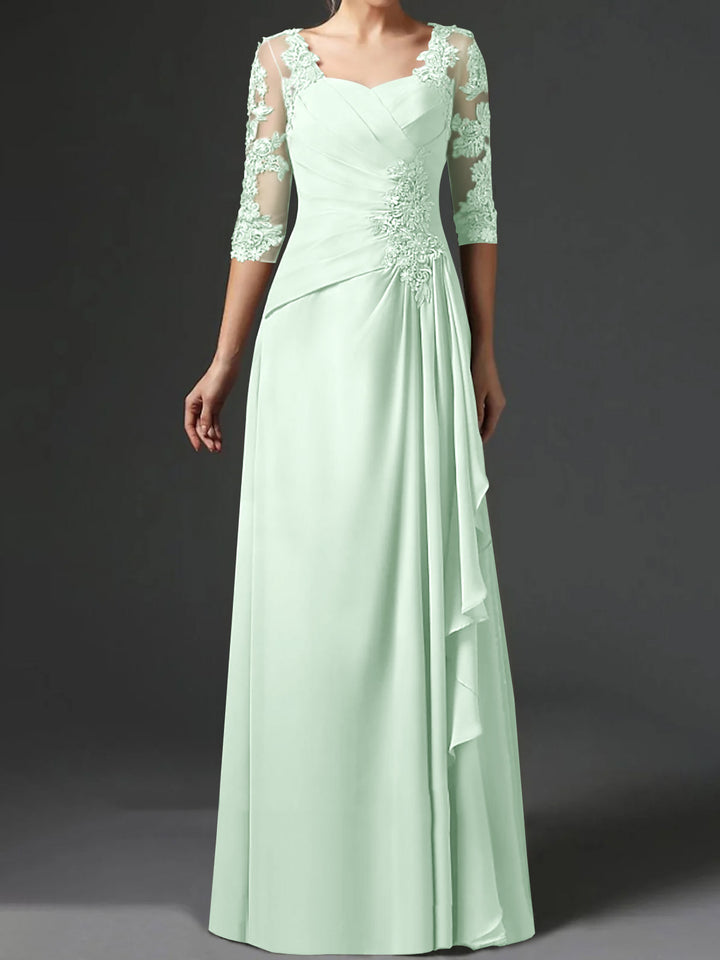 A-Line/Princess Square Neck Half Sleeves Floor-Length Mother of the Bride Dresses With Ruching