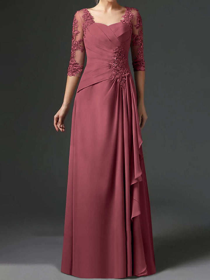 A-Line/Princess Square Neck Half Sleeves Floor-Length Mother of the Bride Dresses With Ruching