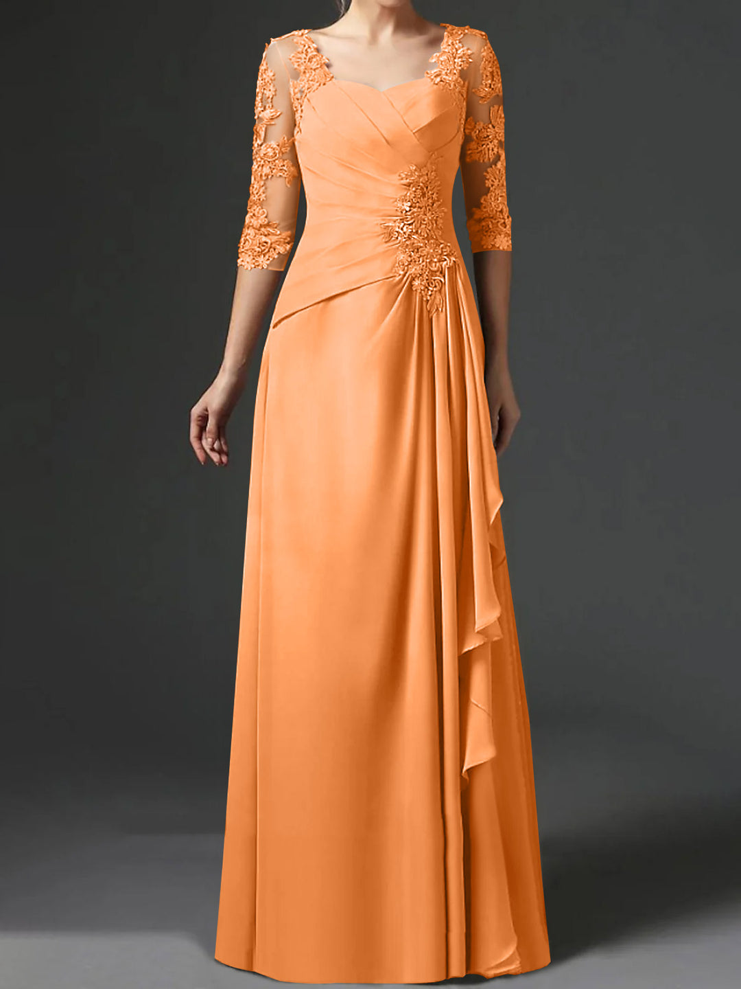 A-Line/Princess Square Neck Half Sleeves Floor-Length Mother of the Bride Dresses With Ruching