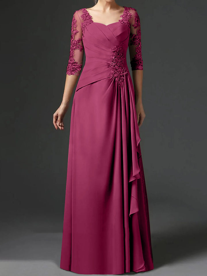 A-Line/Princess Square Neck Half Sleeves Floor-Length Mother of the Bride Dresses With Ruching