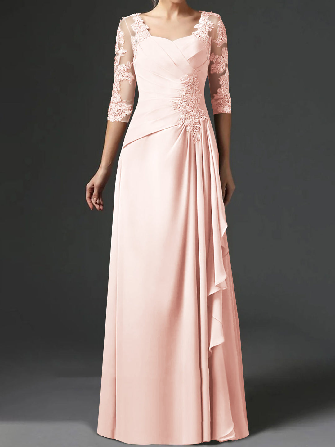 A-Line/Princess Square Neck Half Sleeves Floor-Length Mother of the Bride Dresses With Ruching