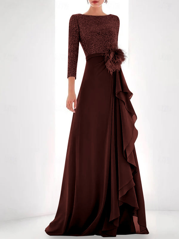 A-Line/Princess Jewel Neck Long Sleeves Asymmetrical Mother of the Bride Dresses With Sequin & Feather & Pearls