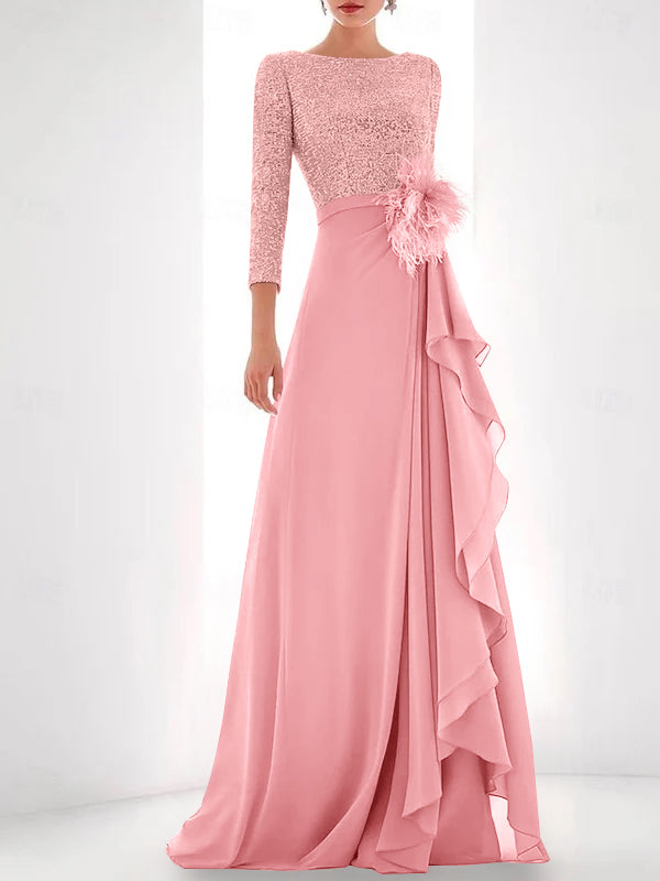 A-Line/Princess Jewel Neck Long Sleeves Asymmetrical Mother of the Bride Dresses With Sequin & Feather & Pearls