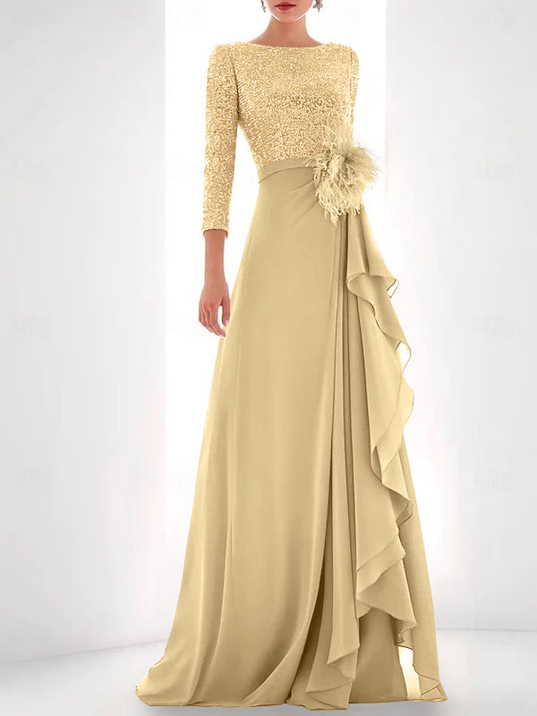 A-Line/Princess Jewel Neck Long Sleeves Asymmetrical Mother of the Bride Dresses With Sequin & Feather & Pearls Champagne