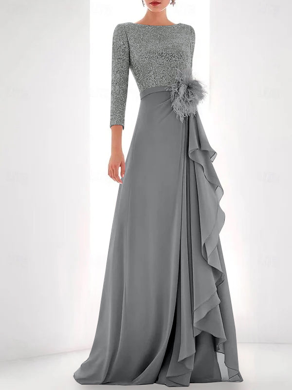 A-Line/Princess Jewel Neck Long Sleeves Asymmetrical Mother of the Bride Dresses With Sequin & Feather & Pearls