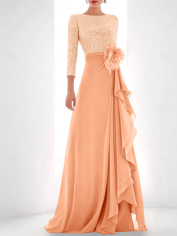 A-Line/Princess Jewel Neck Long Sleeves Asymmetrical Mother of the Bride Dresses With Sequin & Feather & Pearls Coral A-Line/Princess Jewel Neck Long Sleeves Asymmetrical Mother of the Bride Dresses With Sequin & Feather & Pearls Coral