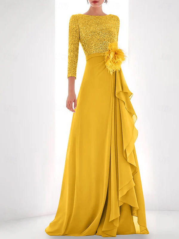 A-Line/Princess Jewel Neck Long Sleeves Asymmetrical Mother of the Bride Dresses With Sequin & Feather & Pearls