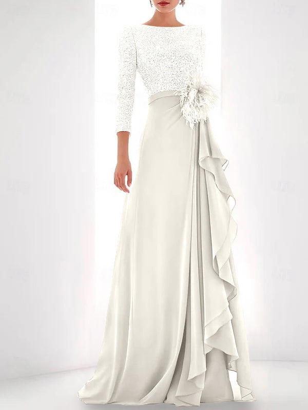 A-Line/Princess Jewel Neck Long Sleeves Asymmetrical Mother of the Bride Dresses With Sequin & Feather & Pearls