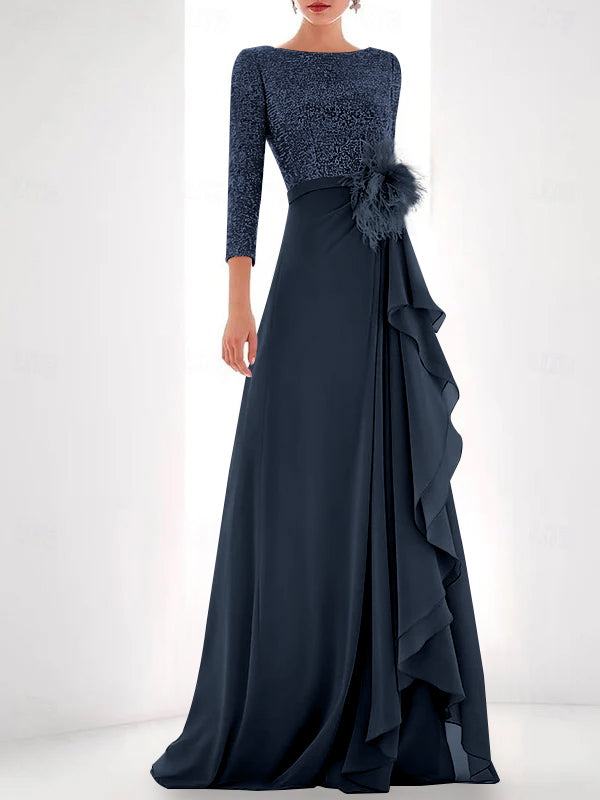 A-Line/Princess Jewel Neck Long Sleeves Asymmetrical Mother of the Bride Dresses With Sequin & Feather & Pearls