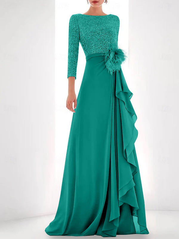 A-Line/Princess Jewel Neck Long Sleeves Asymmetrical Mother of the Bride Dresses With Sequin & Feather & Pearls