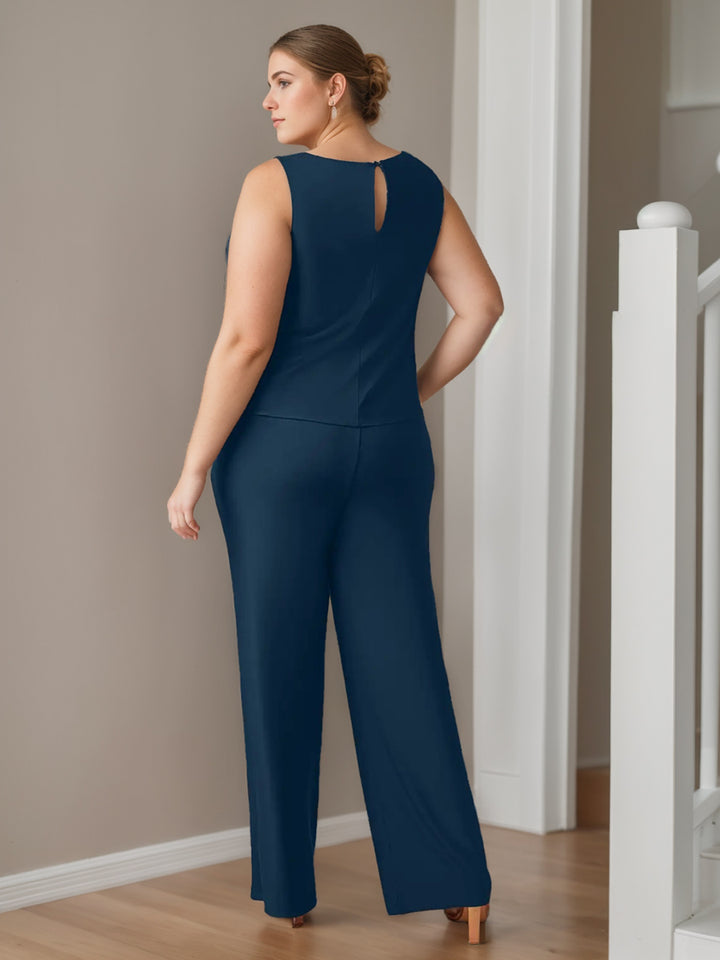 Chiffon 3 Pieces Scoop Neck 3/4 Length Sleeves Floor-Length Plus Size Mother Of The Bride Pantsuits With Jacket & Pockets