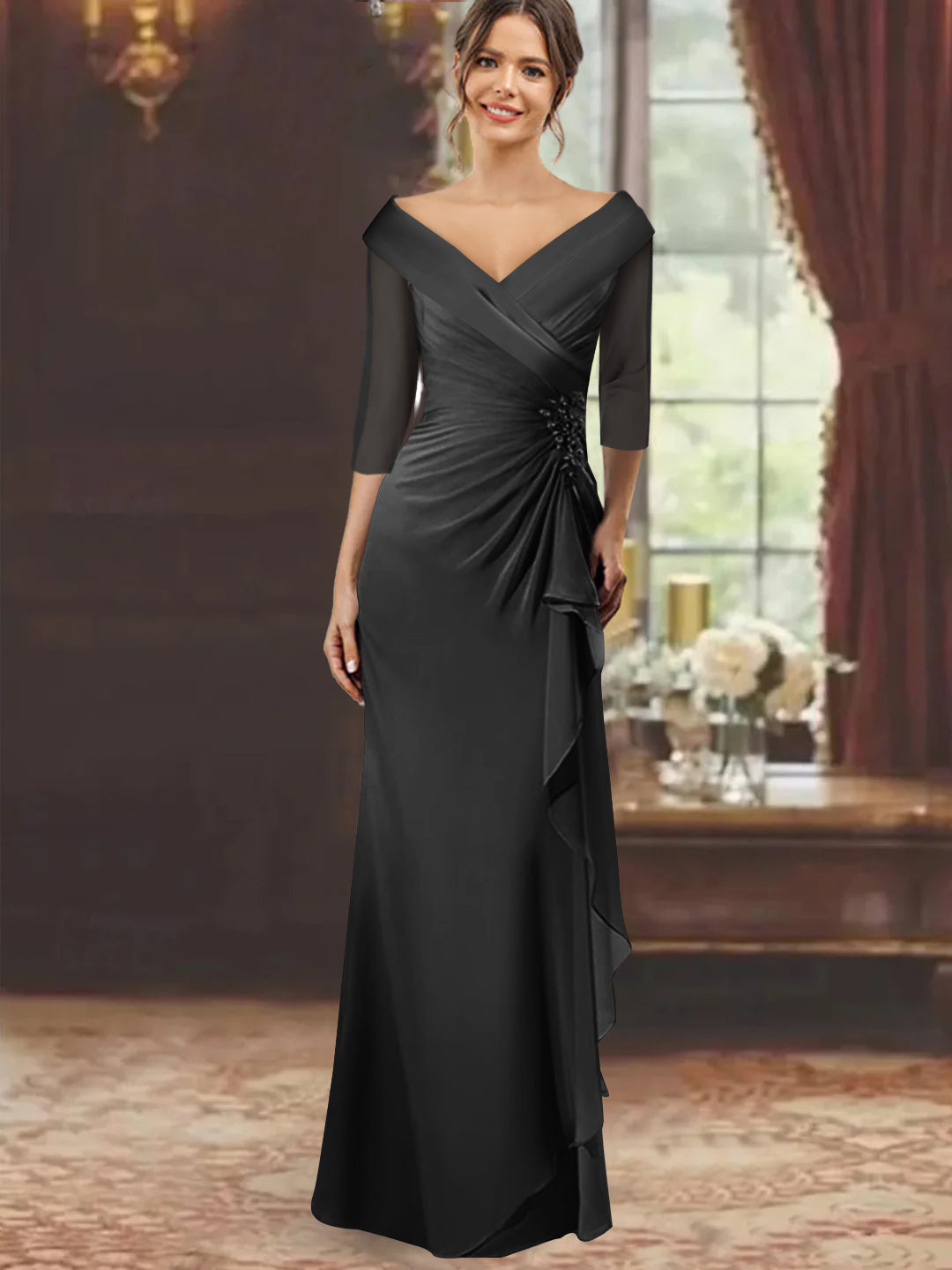 Sheath/Column V-Neck Floor-Length 3/4 Sleeve Mother of the Bride Dresses