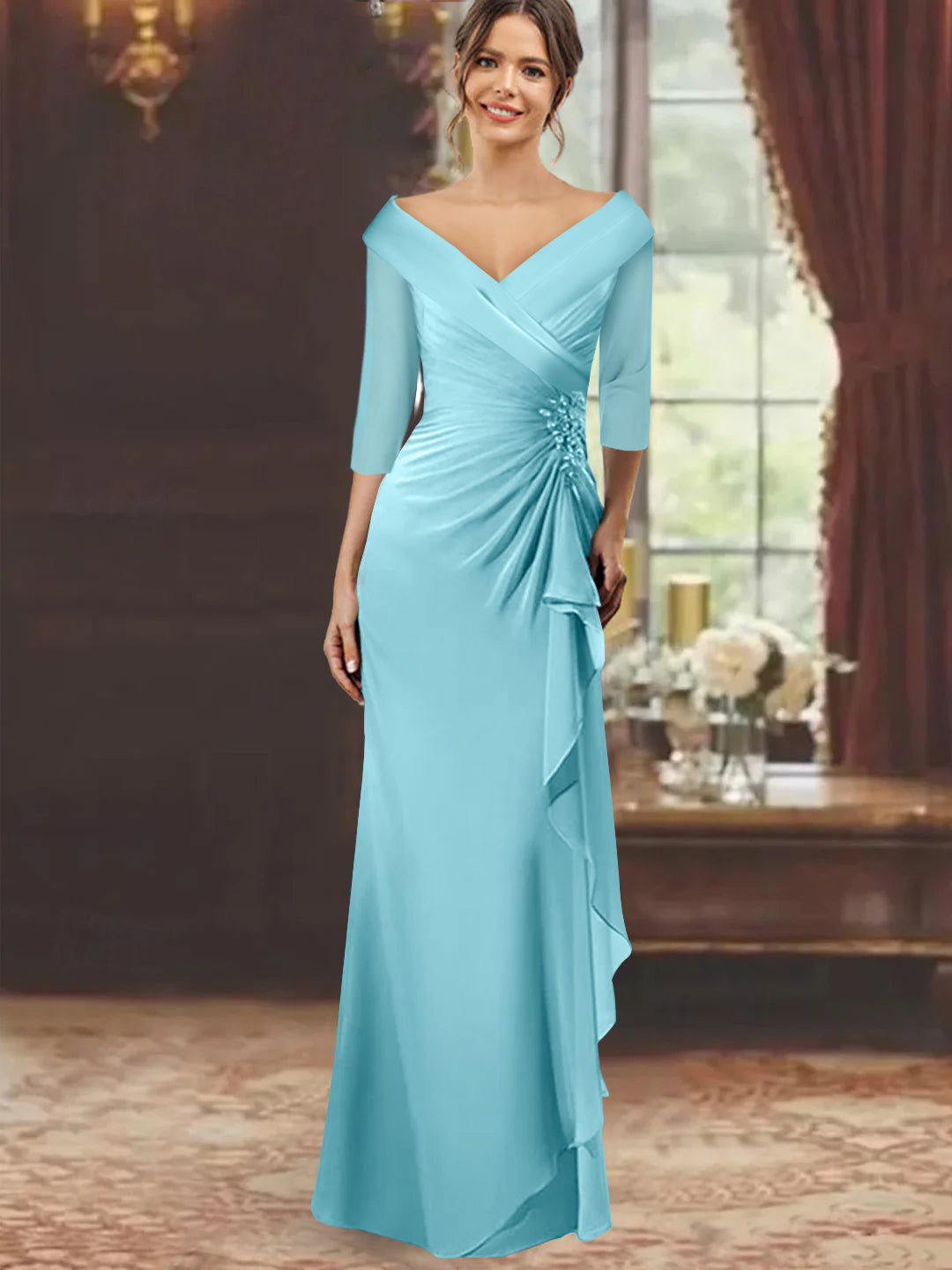sheath column v neck floor length chiffon evening dress Navy Blue Mother of the Bride Dresses 2026 A-Line Formal Gown Lace V Neck Long Sleeve Wedding Guest Party Dress with Embroidered, Dark Navy