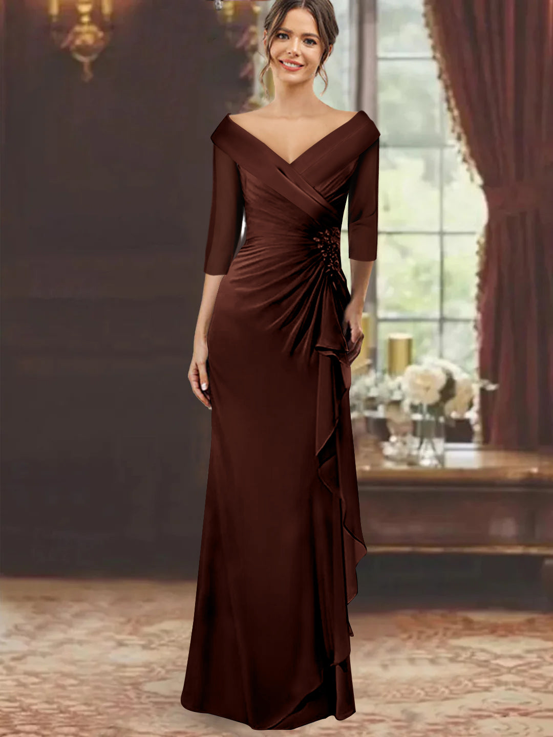 Sheath/Column V-Neck Half Sleeves Floor-Length Mother of the Bride Dresses with Ruffles & Appliques