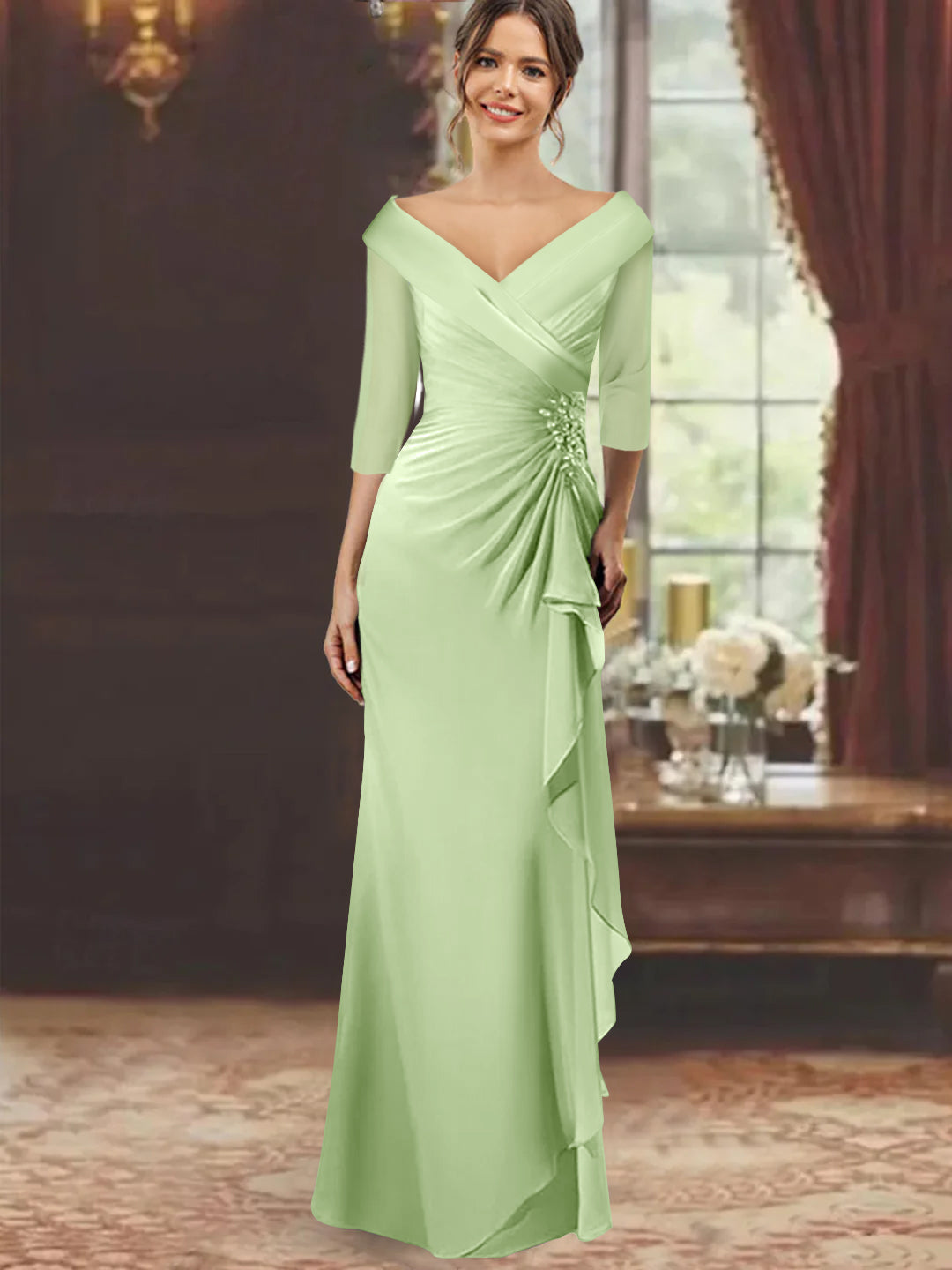 Sheath/Column V-Neck Floor-Length 3/4 Sleeve Mother of the Bride Dresses