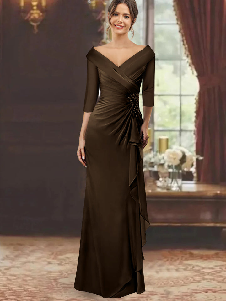 Sheath/Column V-Neck Half Sleeves Floor-Length Mother of the Bride Dresses with Ruffles & Appliques