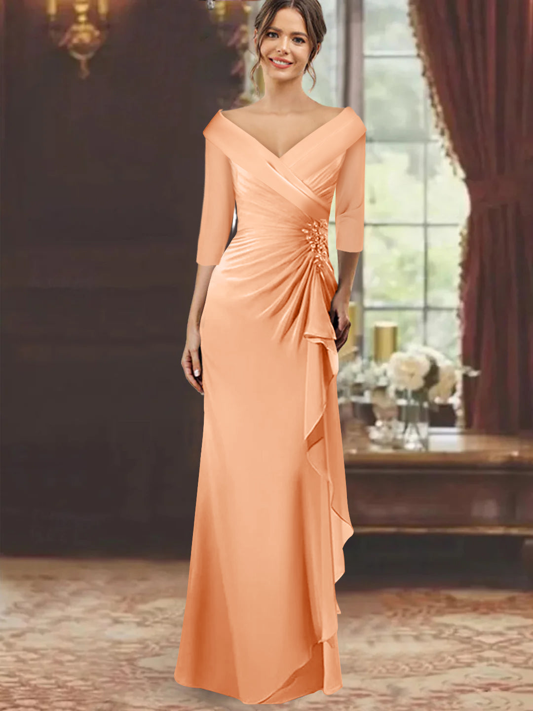 Sheath/Column V-Neck Half Sleeves Floor-Length Mother of the Bride Dresses with Ruffles & Appliques Watermelon Sheath/Column V-Neck Half Sleeves Floor-Length Mother of the Bride Dresses with Ruffles & Appliques Watermelon
