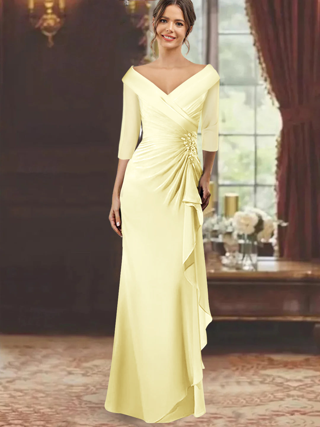 Daffodil Ankle Length Bridesmaid Dresses Sheath/Column V-Neck Half