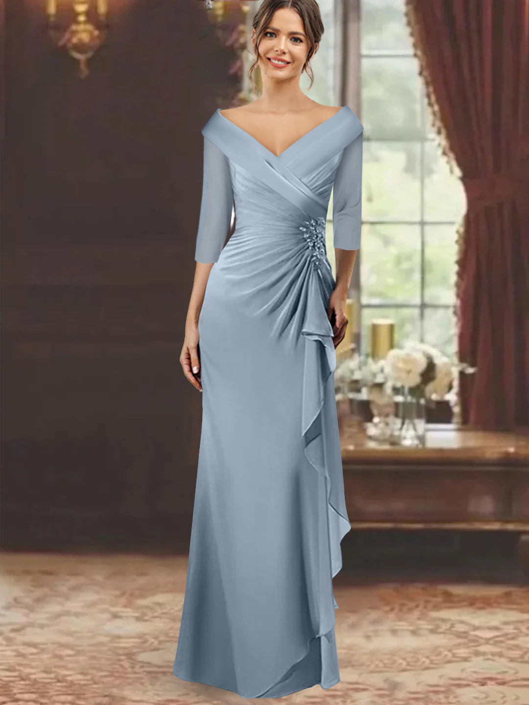 Sheath/Column V-Neck Half Sleeves Floor-Length Mother of the Bride Dresses with Ruffles & Appliques Dusty Blue Sheath/Column V-Neck Half Sleeves Floor-Length Mother of the Bride Dresses with Ruffles & Appliques Dusty Blue