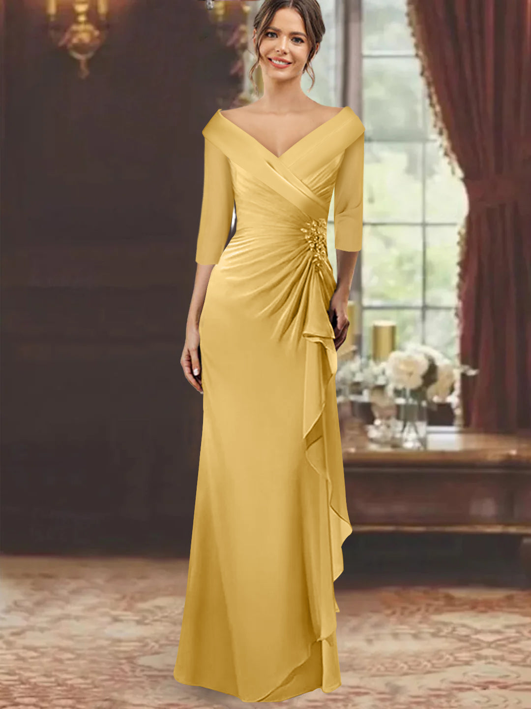 Sheath/Column V-Neck Floor-Length 3/4 Sleeve Mother of the Bride Dresses