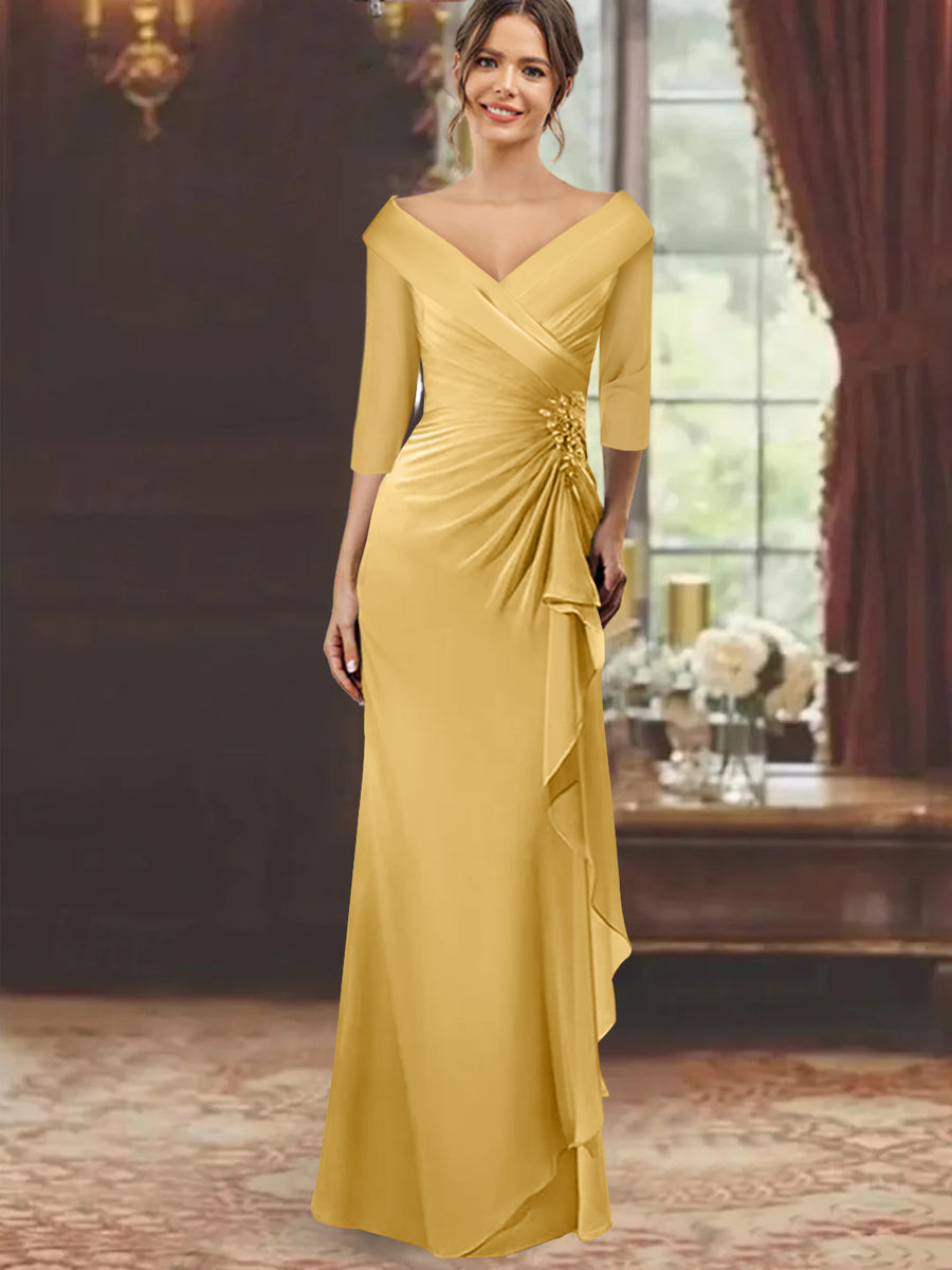 Sheath/Column V-Neck Half Sleeves Floor-Length Mother of the Bride Dresses with Ruffles & Appliques