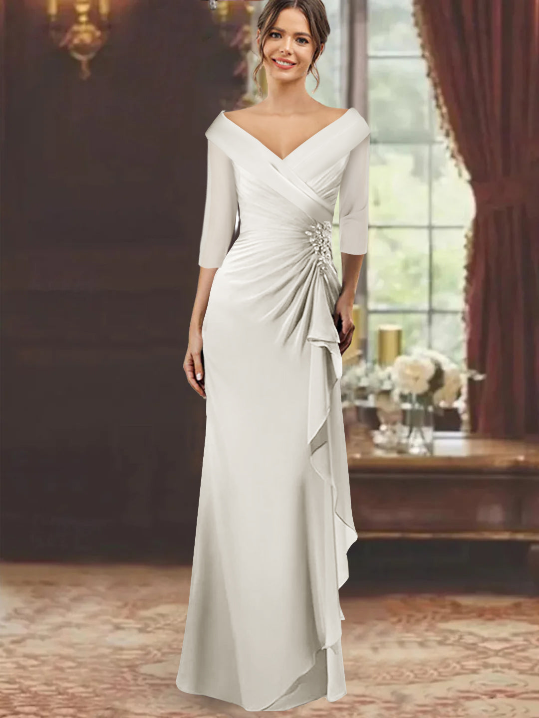 Sheath/Column V-Neck Half Sleeves Floor-Length Mother of the Bride Dresses with Ruffles & Appliques Ivory Sheath/Column V-Neck Half Sleeves Floor-Length Mother of the Bride Dresses with Ruffles & Appliques Ivory