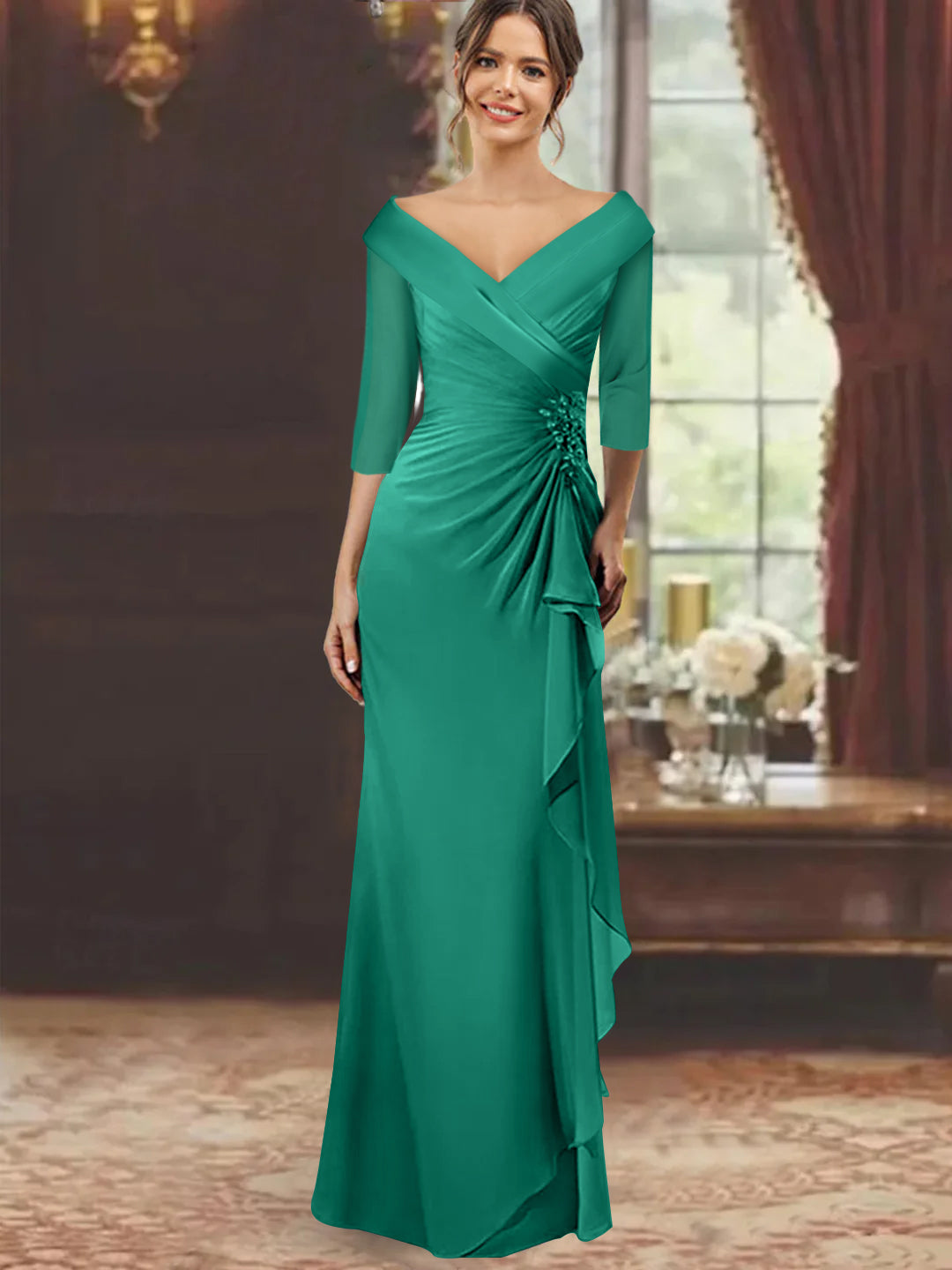 Sheath/Column V-Neck Half Sleeves Floor-Length Mother of the Bride Dresses with Ruffles & Appliques Jade Sheath/Column V-Neck Half Sleeves Floor-Length Mother of the Bride Dresses with Ruffles & Appliques Jade