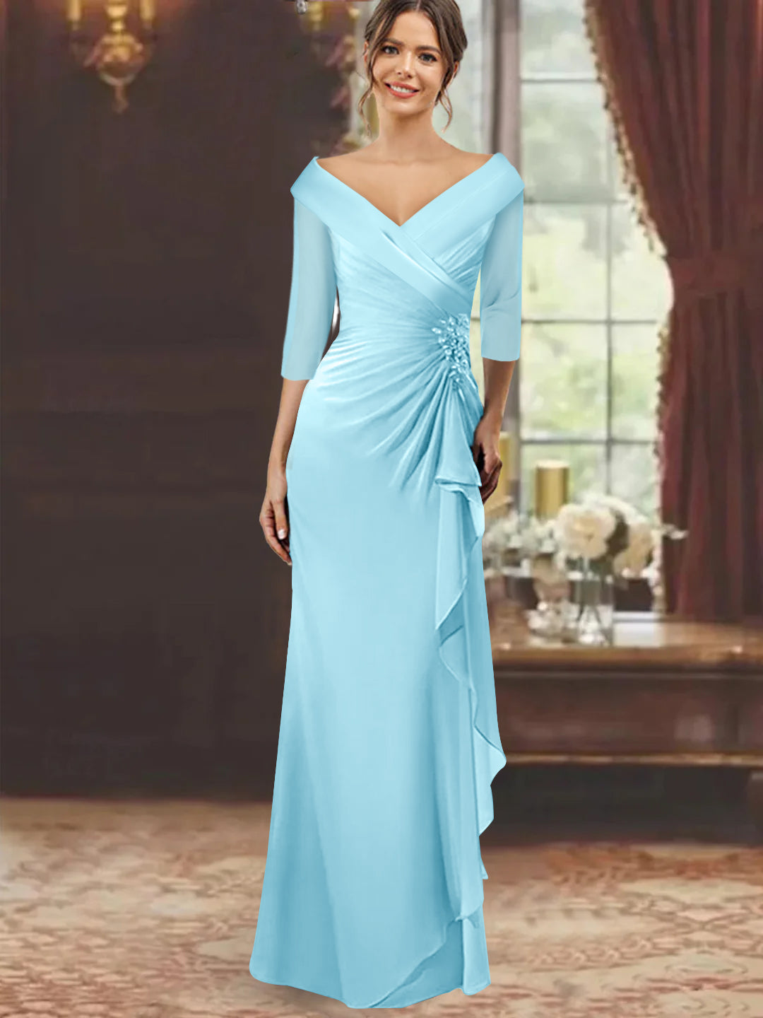 Sheath/Column V-Neck Floor-Length 3/4 Sleeve Mother of the Bride Dresses