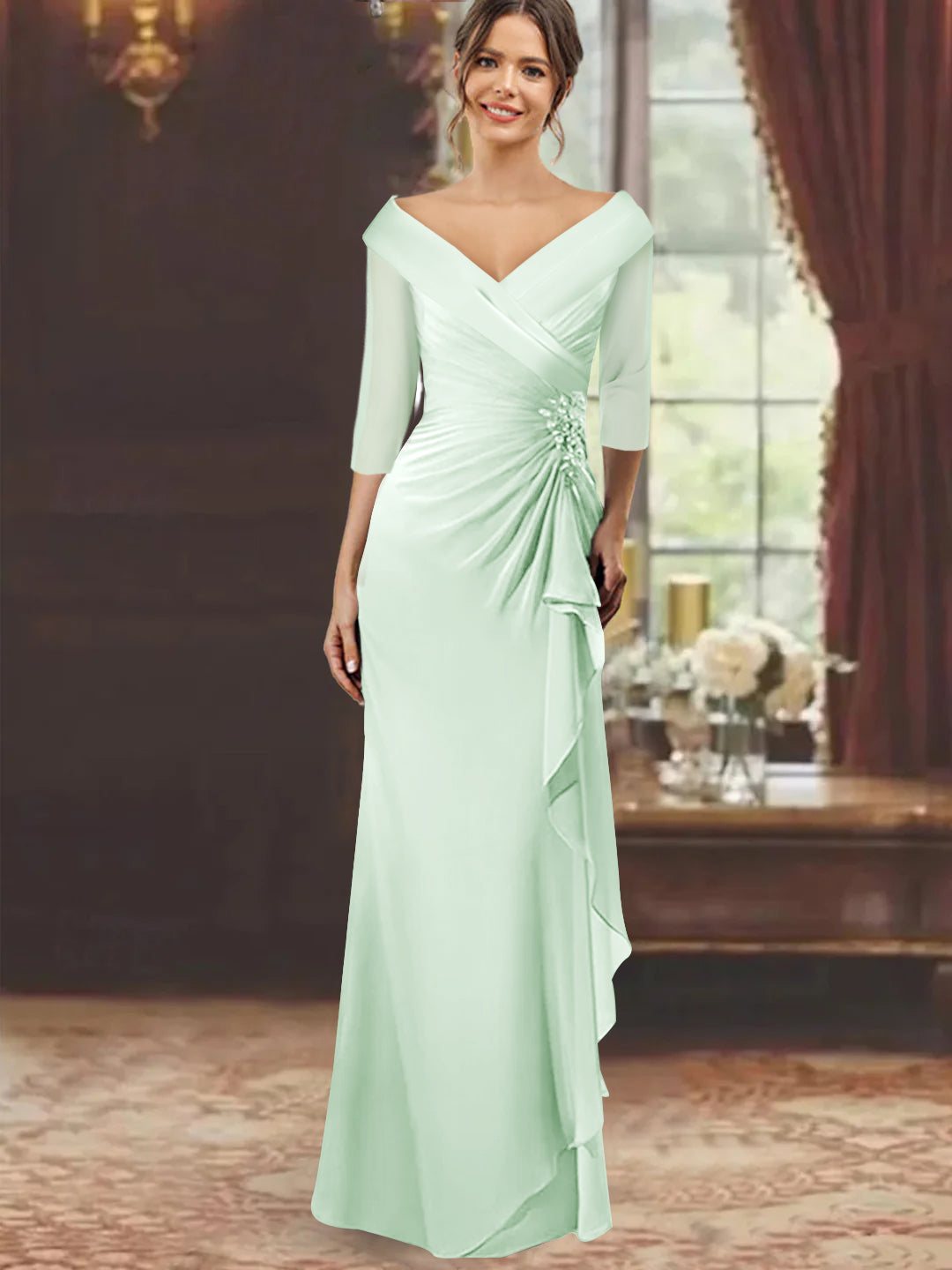 Sheath/Column V-Neck Floor-Length 3/4 Sleeve Mother of the Bride Dresses