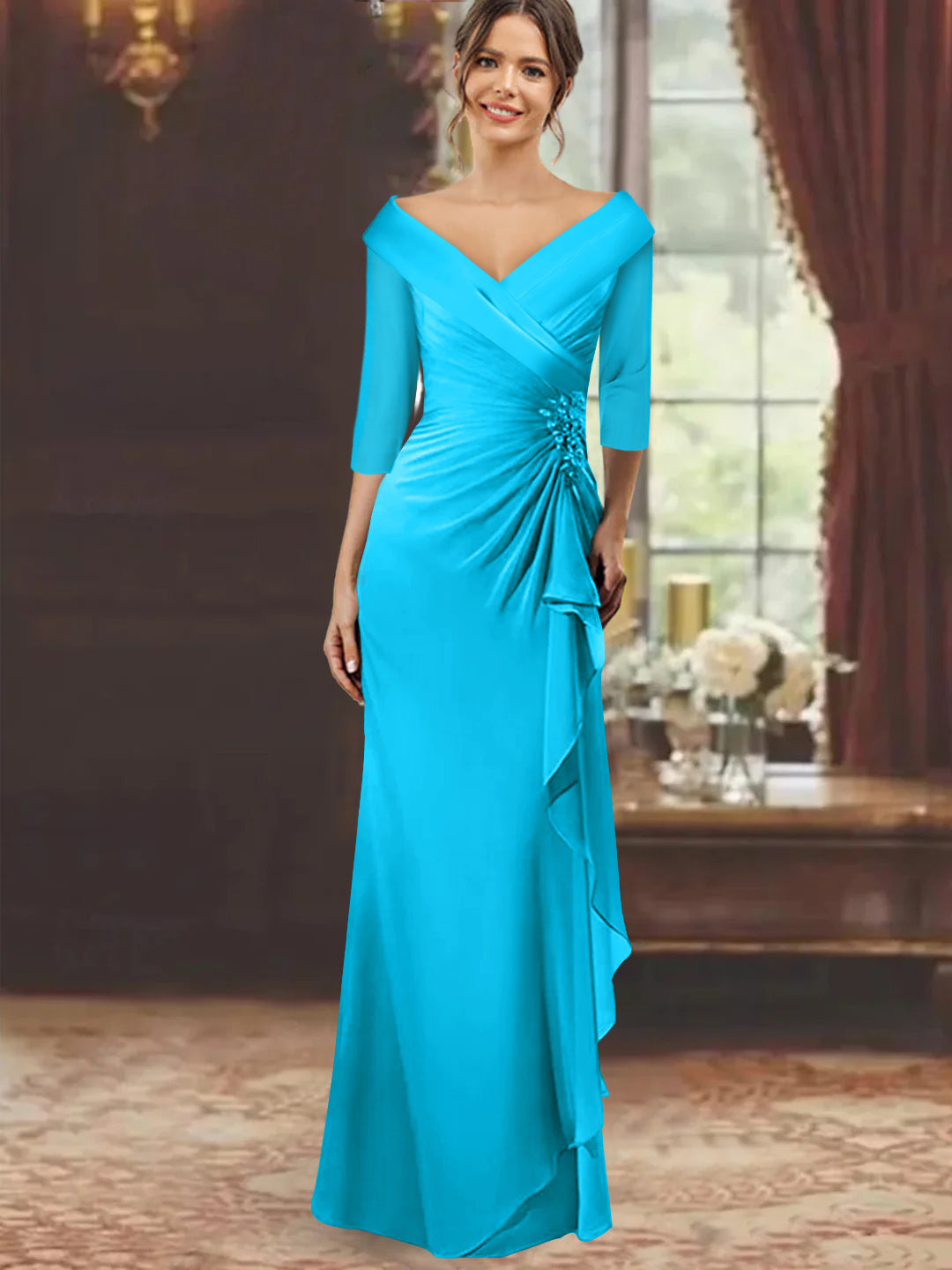 Sheath/Column V-Neck Half Sleeves Floor-Length Mother of the Bride Dresses with Ruffles & Appliques Ocean Blue Sheath/Column V-Neck Half Sleeves Floor-Length Mother of the Bride Dresses with Ruffles & Appliques Ocean Blue