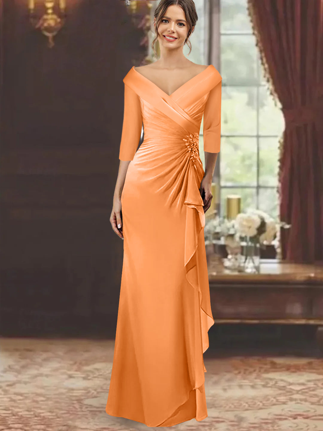 Sheath/Column V-Neck Half Sleeves Floor-Length Mother of the Bride Dre - Mondressy Sheath/Column V-Neck Half Sleeves Floor-Length Mother of the Bride Dre - Mondressy