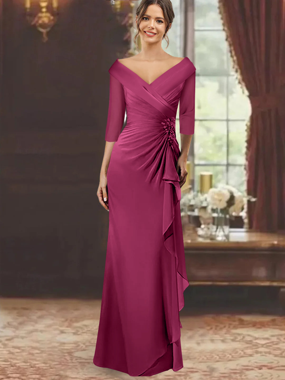 Sheath/Column V-Neck Floor-Length 3/4 Sleeve Mother of the Bride Dresses