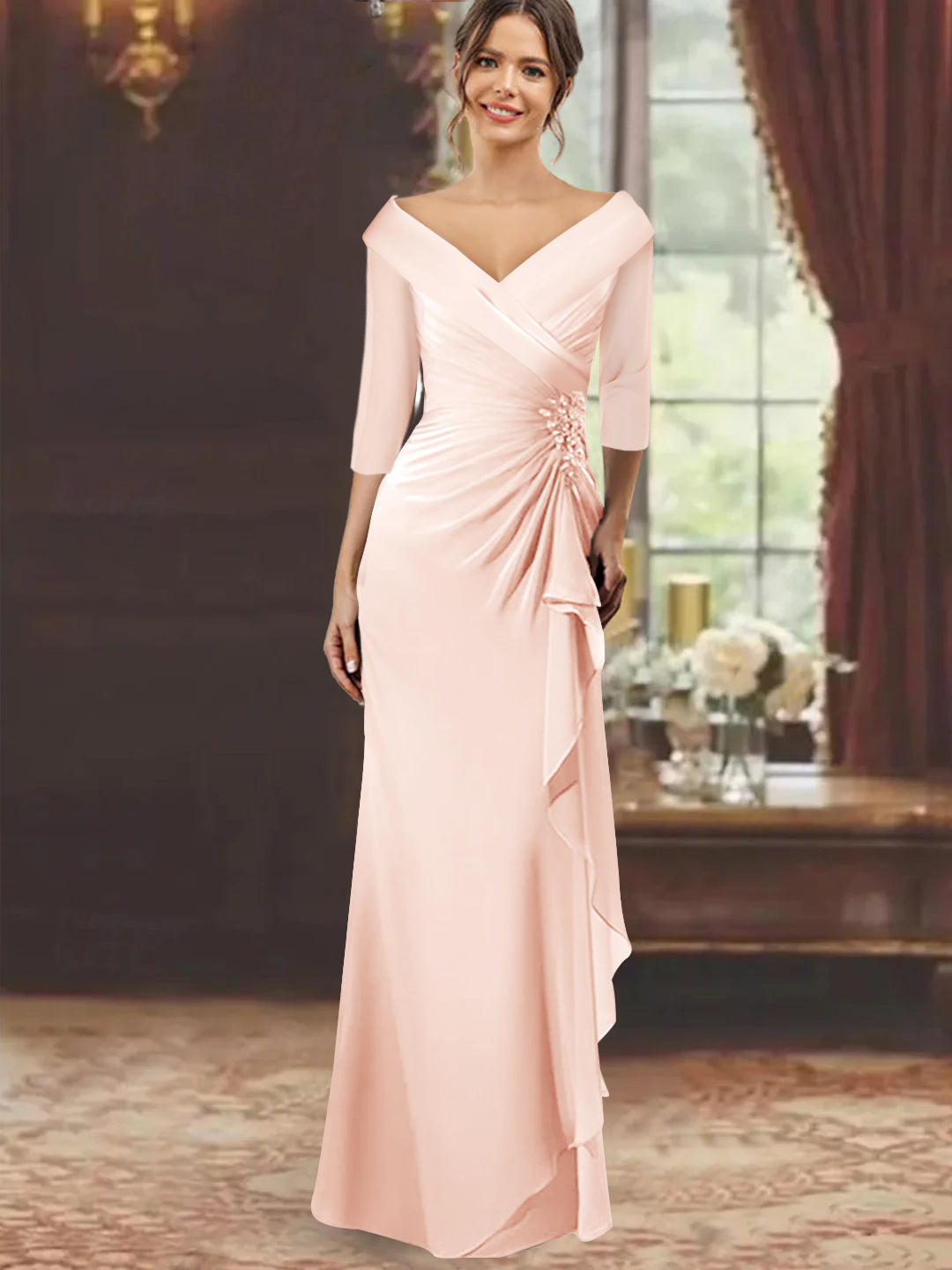 Sheath/Column V-Neck Floor-Length 3/4 Sleeve Mother of the Bride Dresses